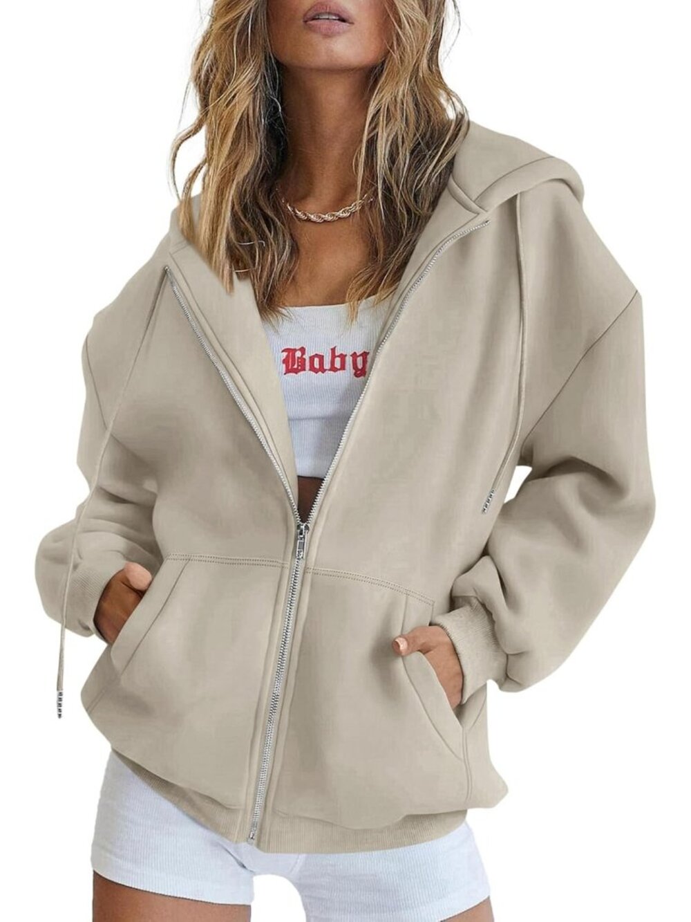 Women's Gray Khaki Long Sleeve Pockets Zip Up Hoodies Sweatshirts Track Jackets